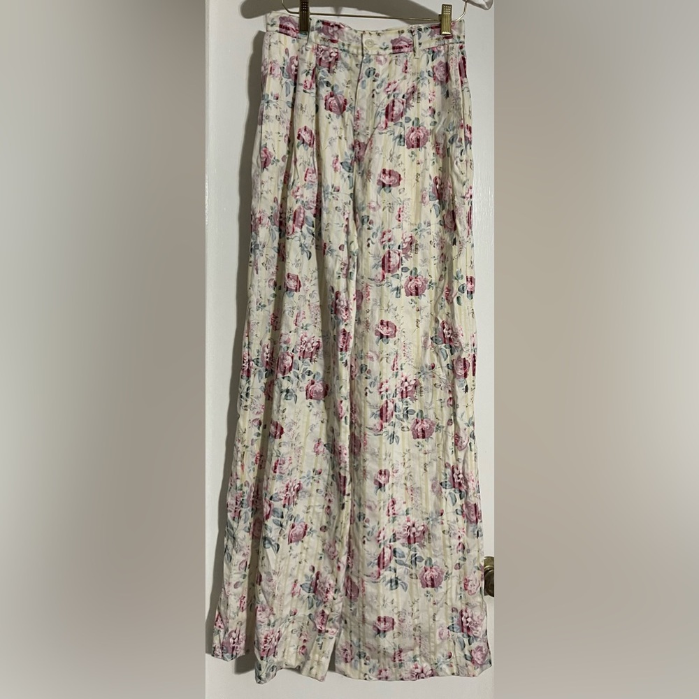 J Peterman Company Yellow Striped Floral Pleated Wide Leg Pants Size 4